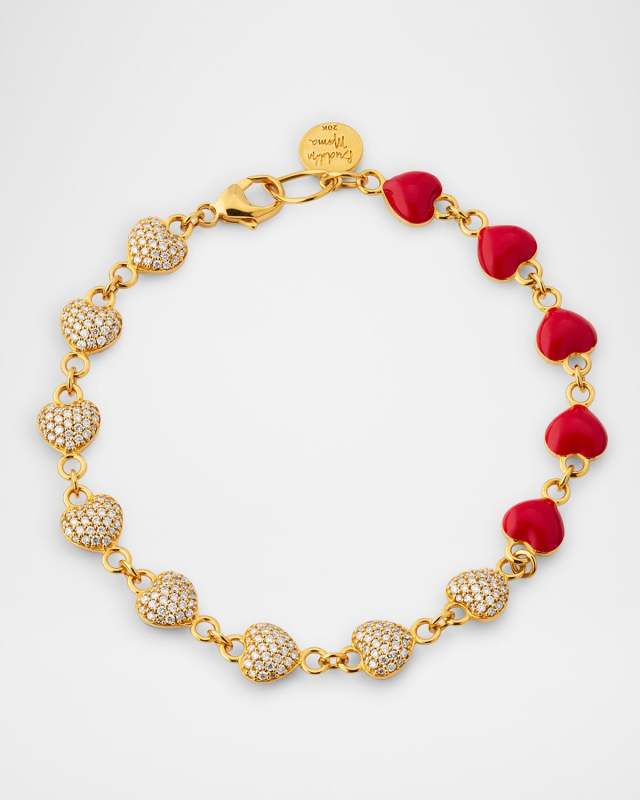 20K Red Enamel and Diamond Pave 7mm Mini Puffy Hearts Bracelet
